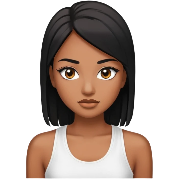 Woman with brown skin black straight hair white tank top and lashes emoji