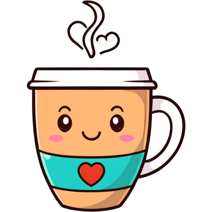 smiling hot coffee cup with heart-shaped steam, mocha brown tones, kawaii soft hand-drawn emoji