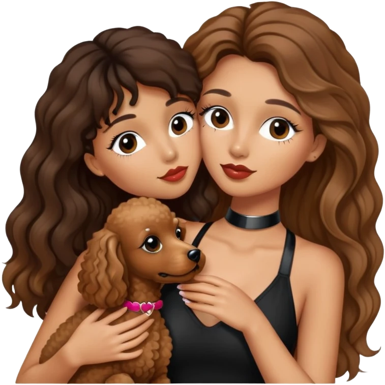 girl with long balayage hair and long lashes, wearing black halterneck top, and holding and kissing a brown poodle emoji