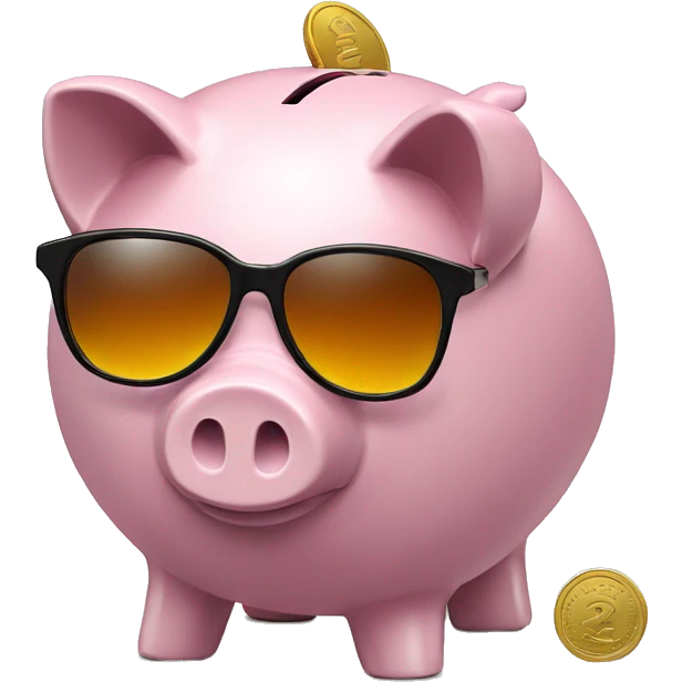 a #E1146E piggy bank with sunglases and a coin on top emoji
