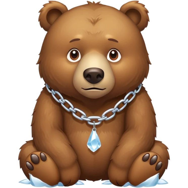 Realistic brown bear on all four legs with serious expression, wearing a simple chain made entirely of ice around its neck, nothing hanging from it emoji