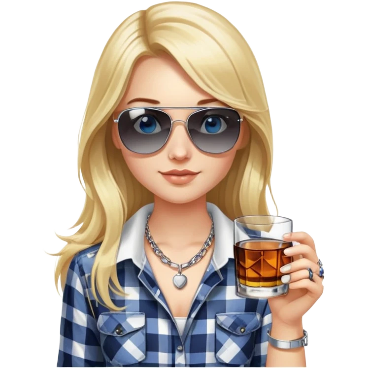 girl with long blond hair, wearing black and white plaid shirt, with blue eyes and aviator sunglasses, wearing a ring on her silver necklace around her neck, holding a glass of whiskey emoji