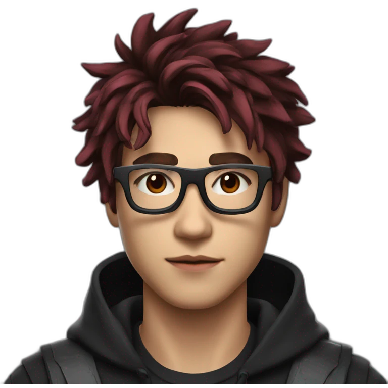 A 19 year old guy, with messy hair with fading on the side, wearing futuristic spatial computing glasses, in a black outfit with dark red accents emoji