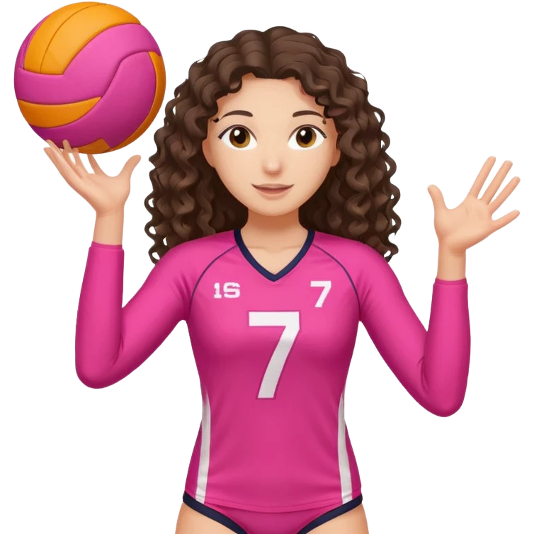 white brunette volleyball player with long curly hair with (a pink outfit with the number 7) and ONE ball with orange AND white stripe emoji