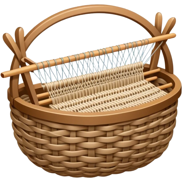 Weaving icon, various types of weaving such as basket weaving, macramé, and loom weaving, showing intertwined threads or ropes, weaving tools like shuttle, crochet hook, and loom, minimalistic style, clean lines, transparent background. emoji