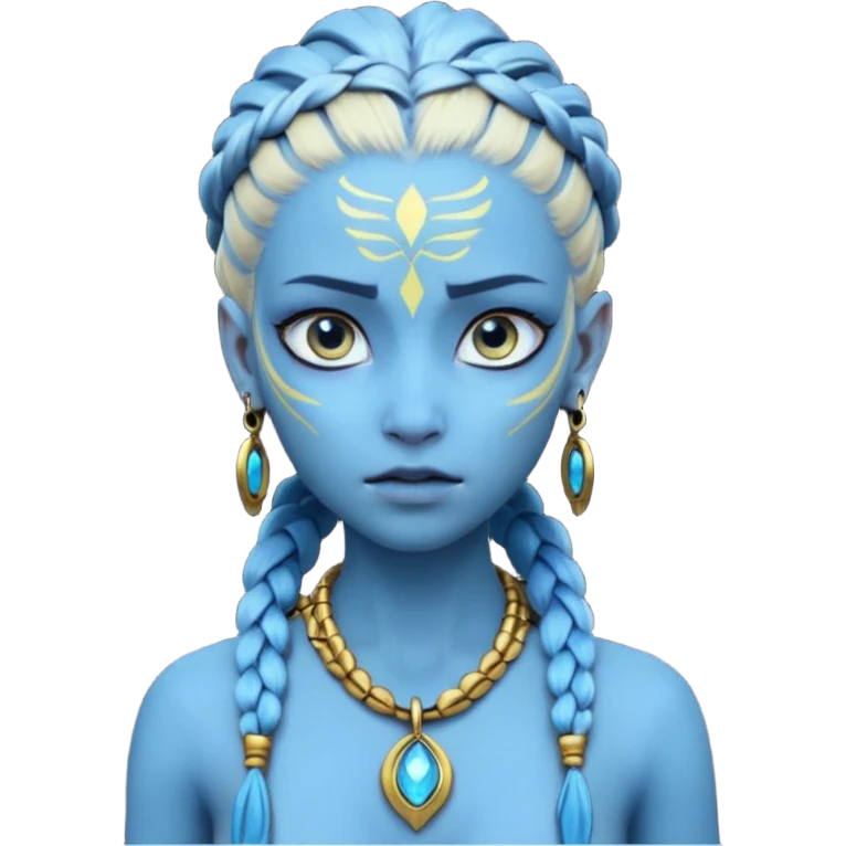 Create an icon of a Na’vi-inspired female character with glowing blue skin, braided hair, tribal forehead markings, large expressive eyes, gold earrings, and a rope necklace with a golden pendant. The expression should be calm and serious, matching the style of the movie Avatar emoji