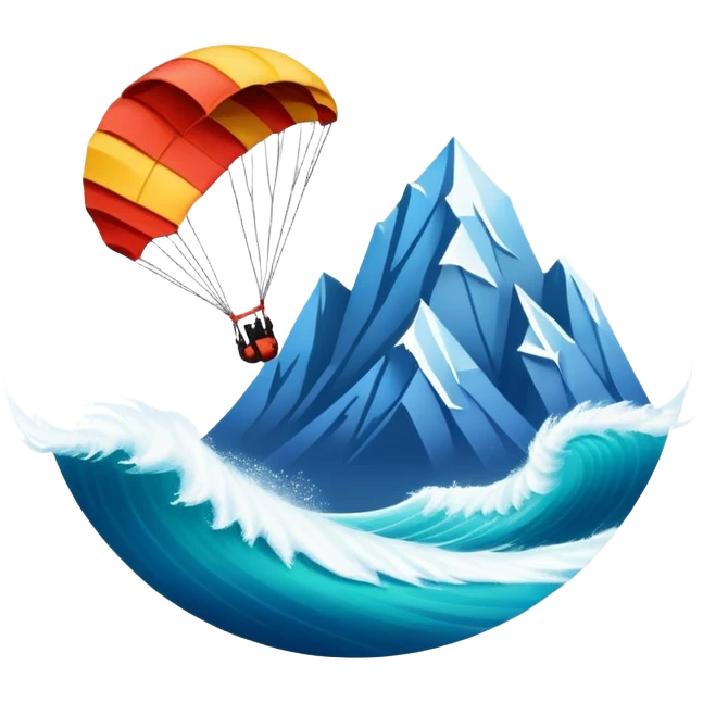 A bold emblem featuring a combination of symbols representing various extreme sports, like a mountain peak, a parachute, and a wave. The design is dynamic and sharp, capturing the thrill and adventure of extreme sports, with a strong, energetic vibe. emoji