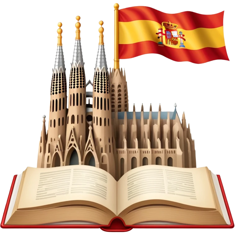 An icon featuring the Sagrada Familia and the flag of Spain, symbolizing the Spanish language. The design includes an open book with Spanish text and flamenco dancers, representing language learning and cultural heritage. Transparent background emoji