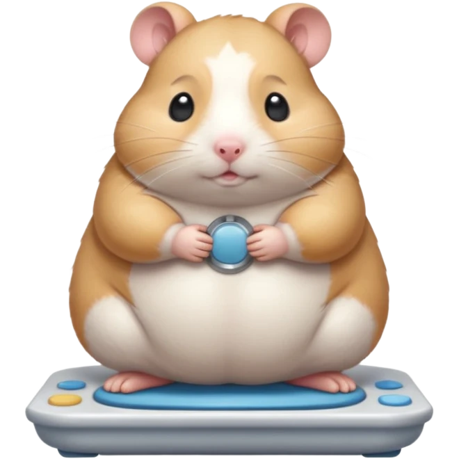 Cute chubby cartoon-style hamster standing on a bathroom scale, looking nervous with praying hands. Painterly shading, closed eyes, white background, sticker-style illustration emoji