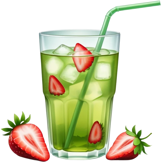 glass of iced green tea with strawberry slices emoji