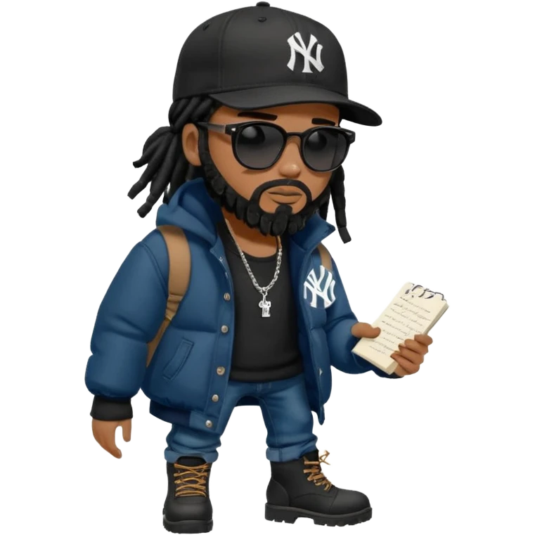 African American man with shoulder length black dreadlocks with black beard wearing black sunglasses wearing a black New York Yankees logo baseball cap wearing a black bubble winter coat wearing denim skinny jeans timberland boots writing a note emoji