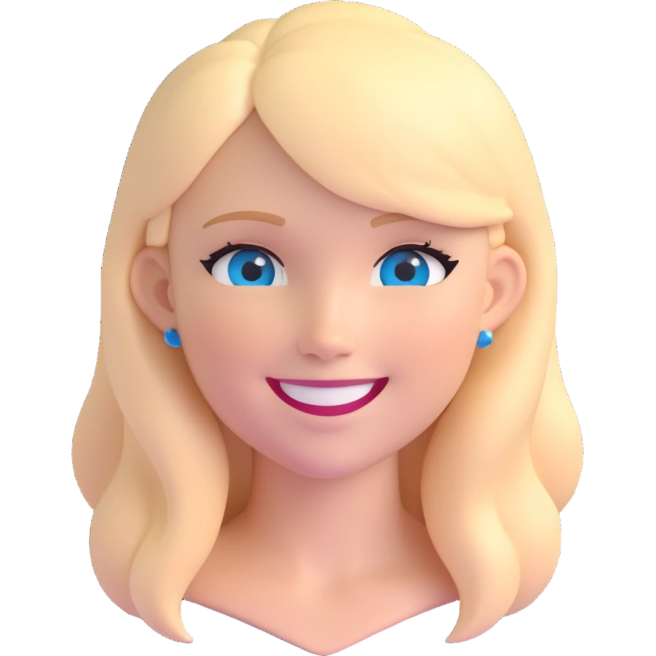 3D emoji of a white girl with blonde hair and blue eyes, smiling emoji