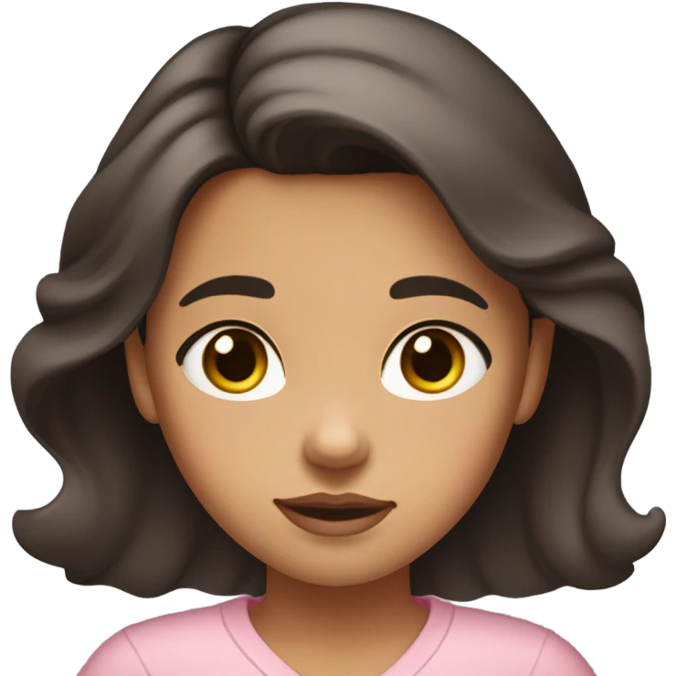 A girl with long, wavy, dark brown hair. She has almost black brown eyes and slightly tanned skin. Her lips are pink and she has a bit of blush on, she wears mascara on her eyelashes. Her hair is parted down the middle and her shirt is a pink one with a V-neck and is light pink. emoji