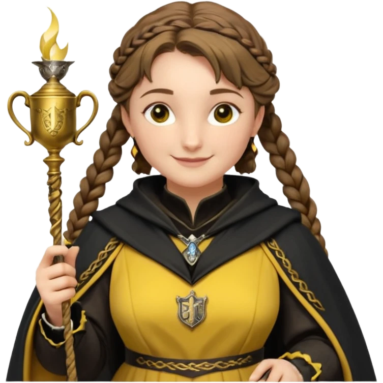 Helga Hufflepuff,the Hogwarts founder of Hufflepuff,brown-haired,2braids,yellow-black medieval dress with black cloak decorated with gold braiding,flickering magic wand and tiny two-handled shiny gold cup engraved with the badger silhouette,very kind smile,curvy busty sweet emoji