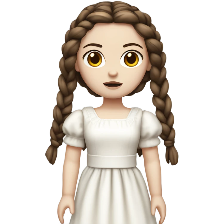 Doll with brown straight hair in braids, wearing a white dress and a serious expression. She has pale skin and a classic porcelain doll appearance, looking terrifying. emoji