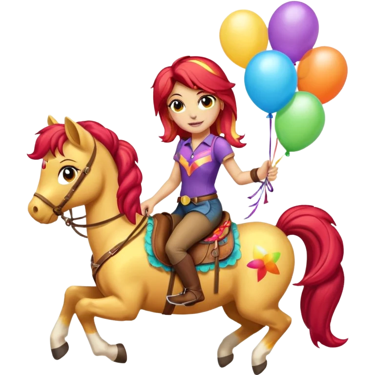 sunset shimmer mlp holding colorful balloons tied to its saddle, looking cheerful. emoji