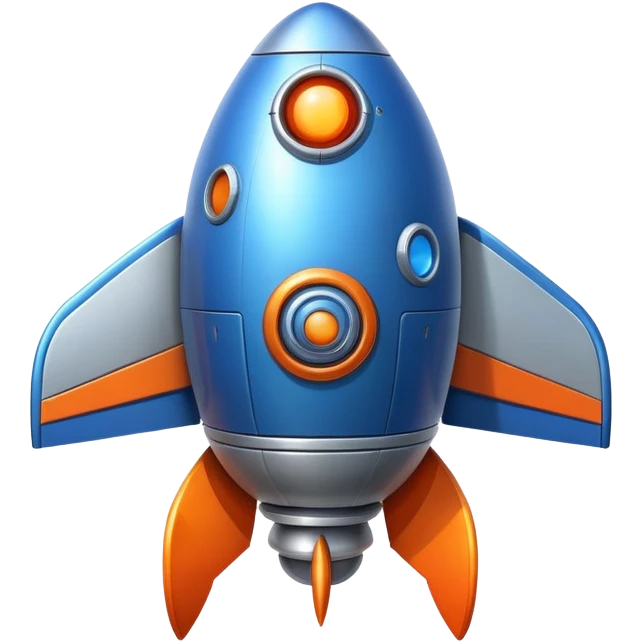 Spaceship with a large rounded belly in the middle, rocket boosters, personified with a happy face emoji