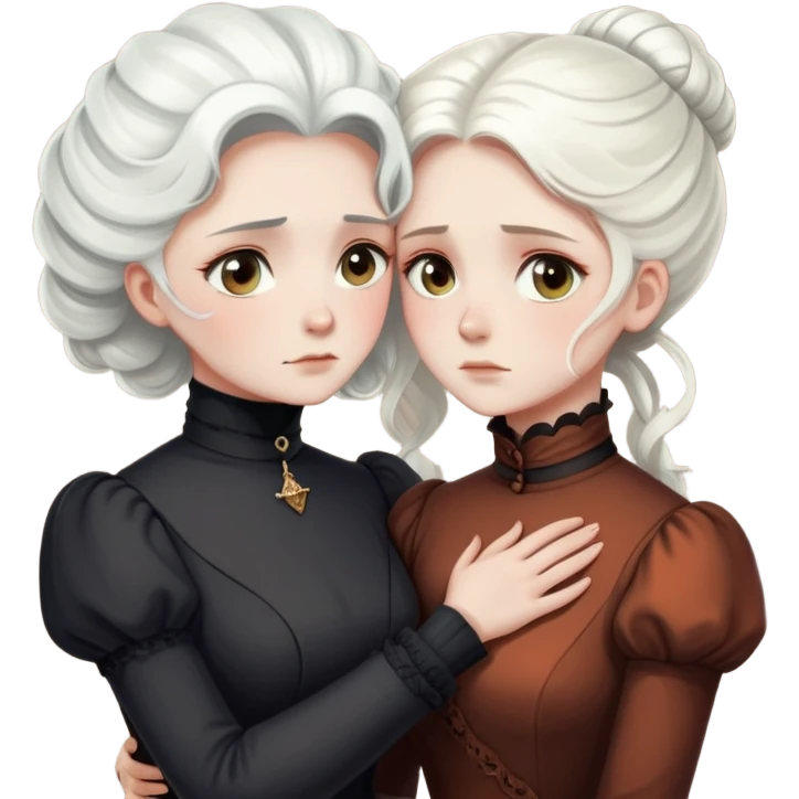 Two Victorian women with light eyes, one with bright white coiffed hair and one with dark copper coiffed hair, wearing Victorian turtleneck dresses, embracing each other in a sad, intimate hug emoji