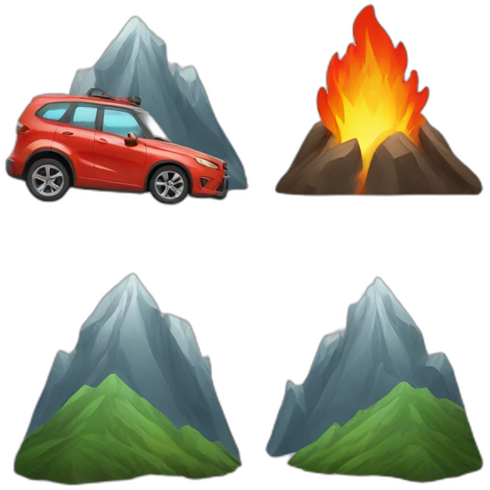 Fire, mountain, car emoji