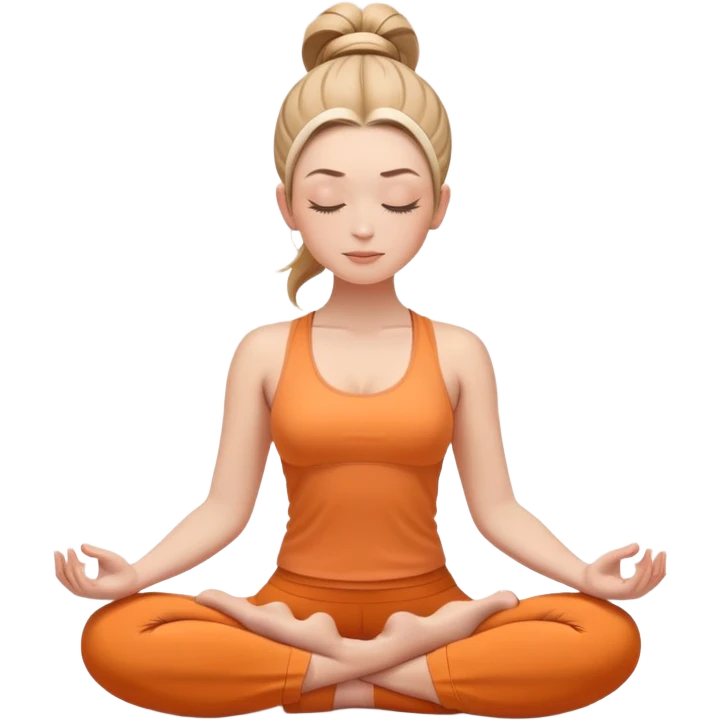 white woman with neat ponytail hairstyle, sitting in lotus position, meditating with closed eyes and serene expression, wearing light orange yoga outfit emoji