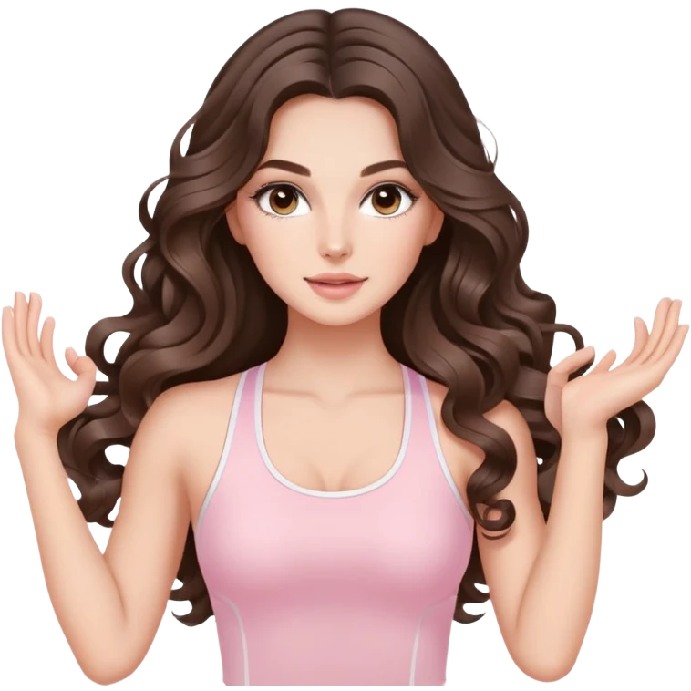 beautiful brunette with a light balayage white girl with nice defined and long curls , very long hair, clean girl makeup STRETCHING IN LIGHT PINK GYM emoji