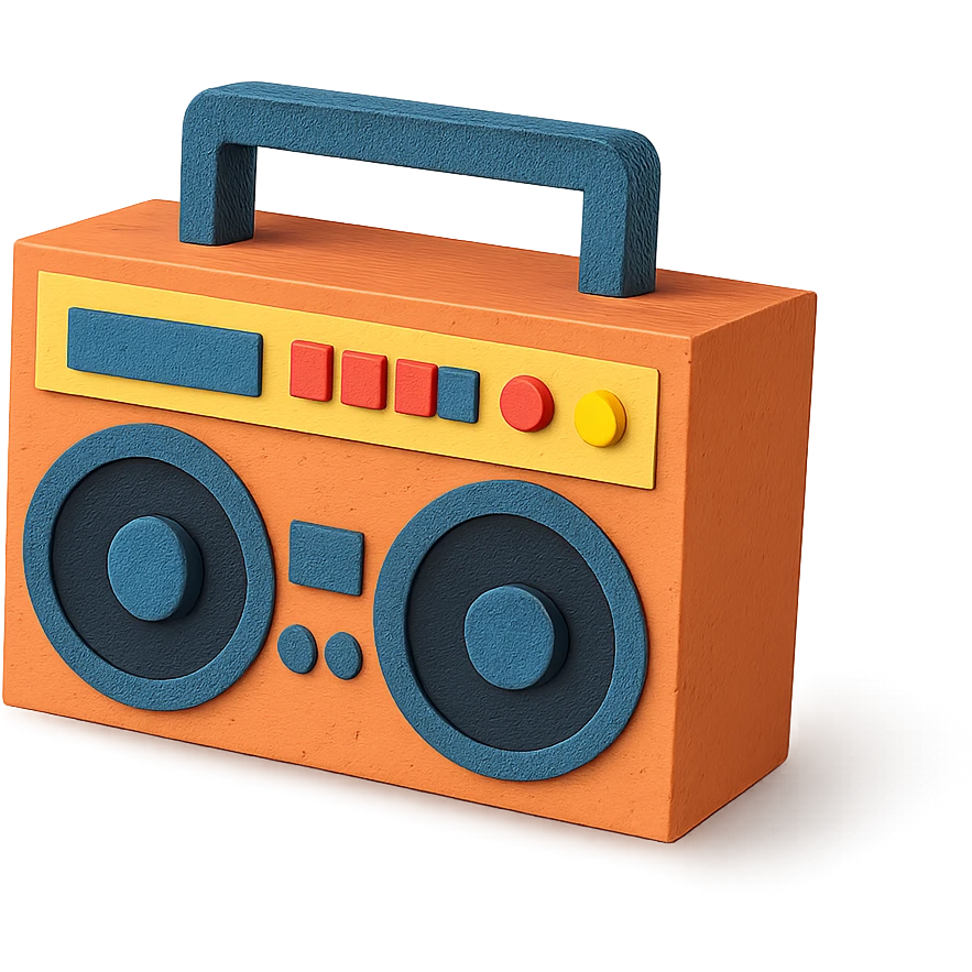 angled view of a paper-craft style boombox with extra details like buttons and speakers emoji