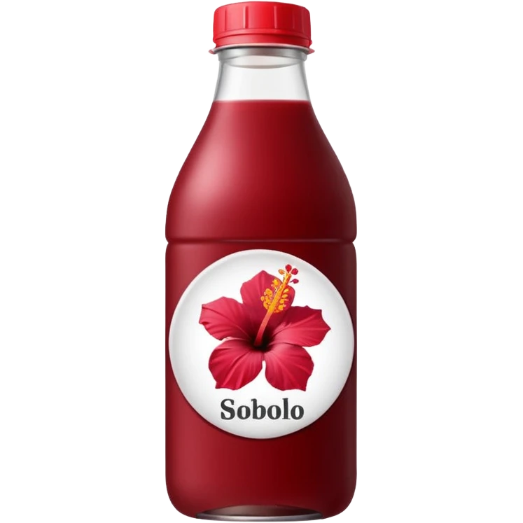 sobolo emoji (Ghanaian frink) in a plastic bottle and make the juice dark red  but a hibiscus on it and  write sobolo on it no hibiscus behind it on the label instead emoji