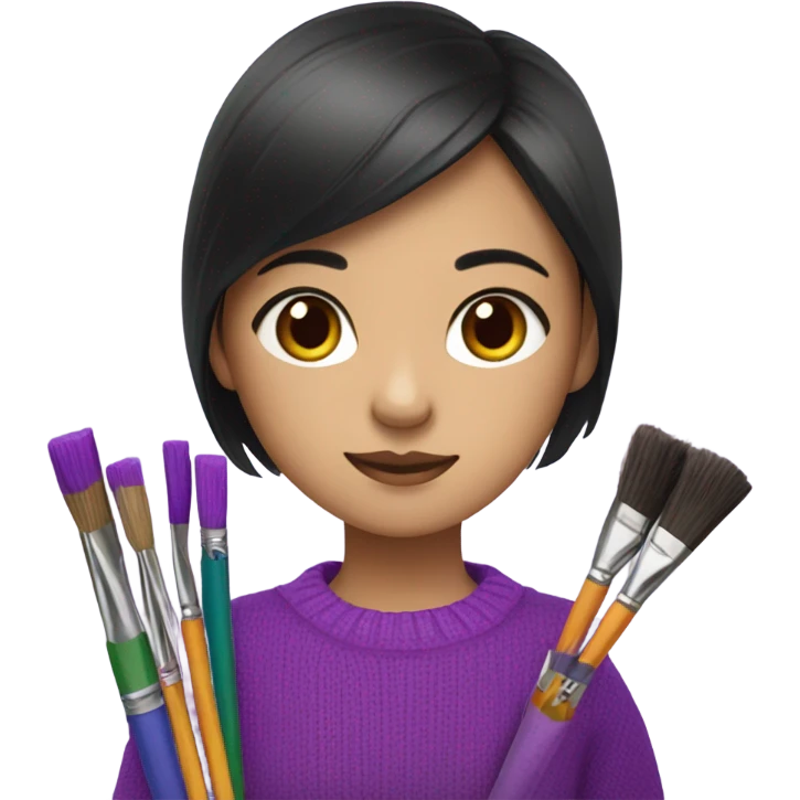 Half Asian girl in bright purple sweater holding paintbrushes and pencils emoji