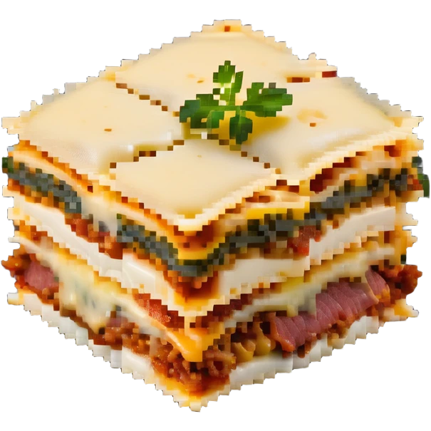 Square piece of lasagna with distinct layers of pasta, meat, and cheese emoji