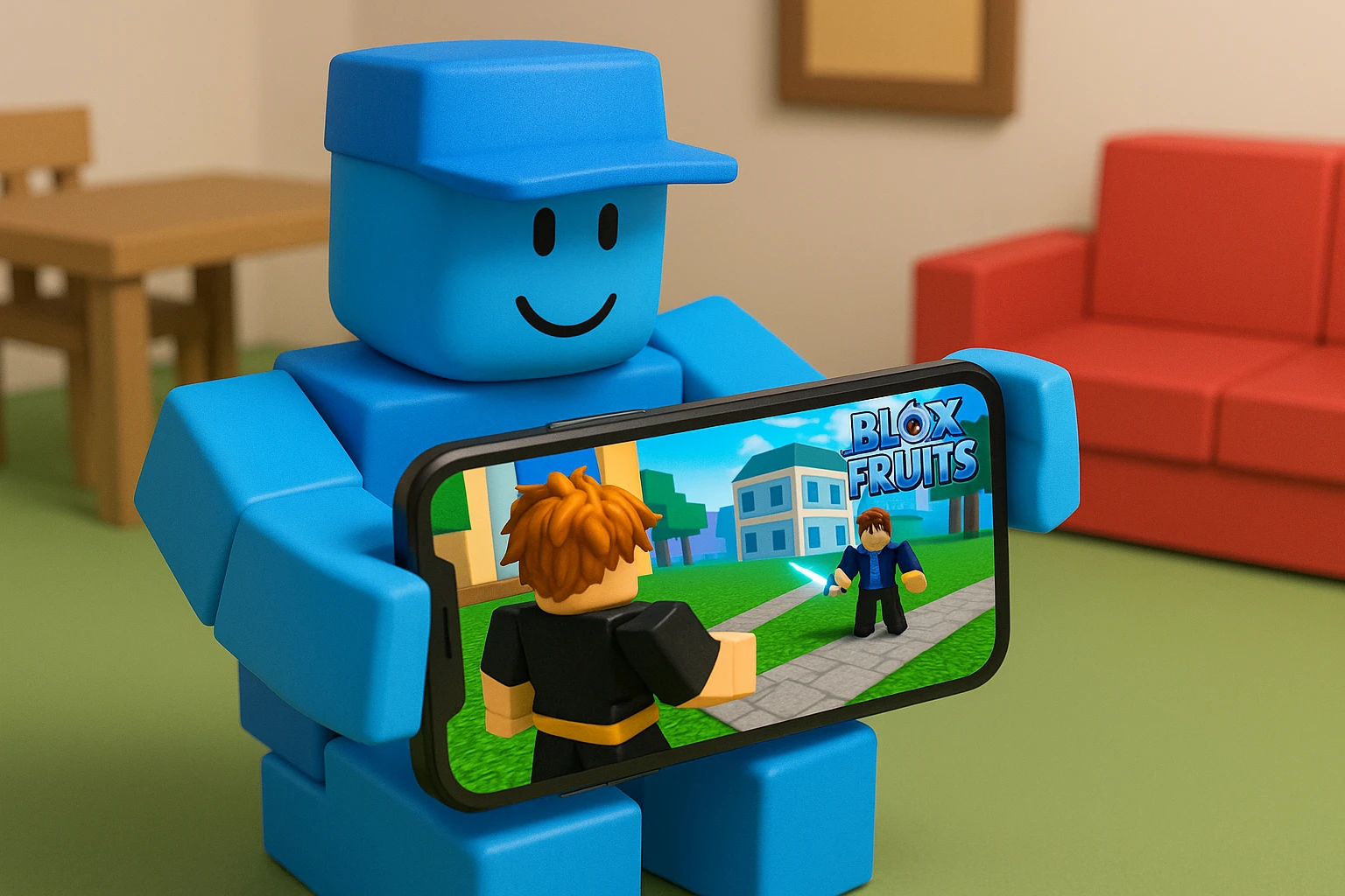 Cancer playing Blox Fruits on phone, Roblox style, blue character emoji