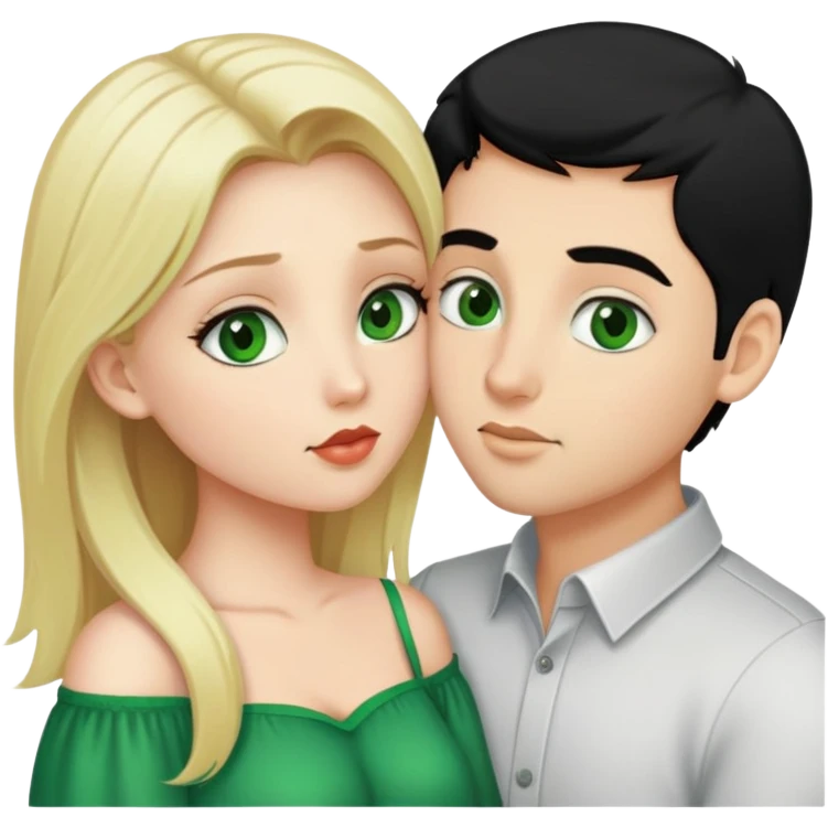 A blonde girl with fair skin and green eyes and a guy with black hair and fair skin and green eyes are kissing emoji
