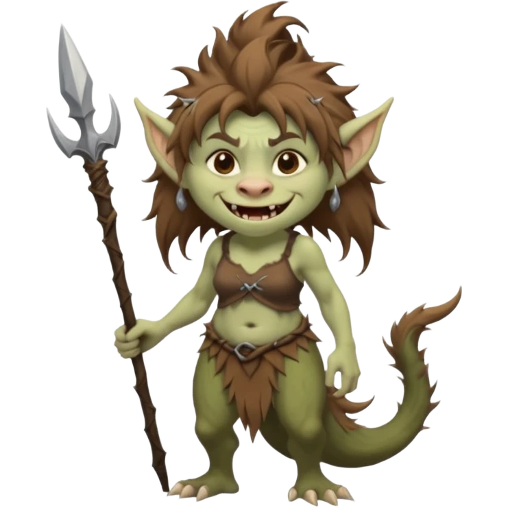 Norwegian forest troll lady, brown messy hair, pointy ears, long tufted tail, sharp teeth (full body) emoji