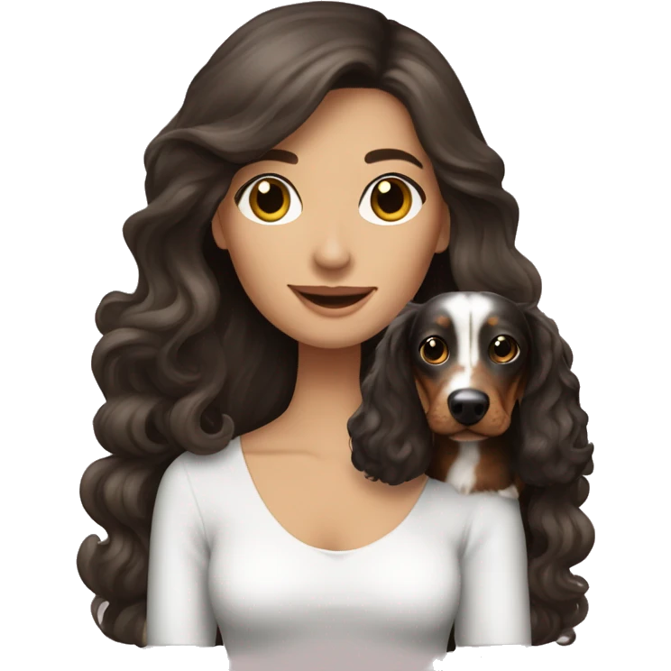 Brunette Woman holding Tri Merle long haired Dachshund   emoji