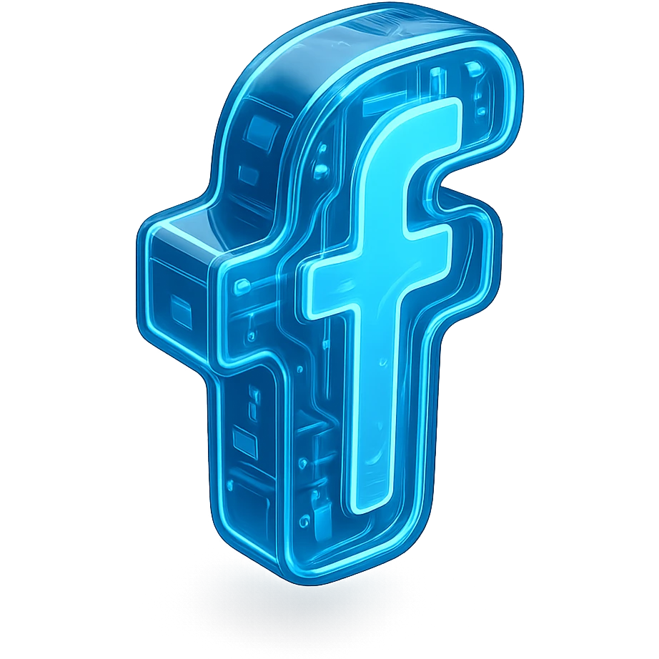 Futuristic Facebook logo, glossy circuit style, luminous blue highlights, transparent background emoji