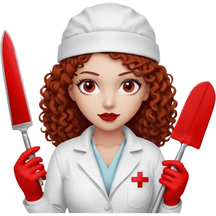 Scary woman scalpel in hand, evil surgeon sexy surgeon clothes.  She has red eyes. Her  brown long curly hair. Wears sexy doctor outfit with red gloves. make her wear red ski mask  to hide. Wears white surgeon jcketneb emoji