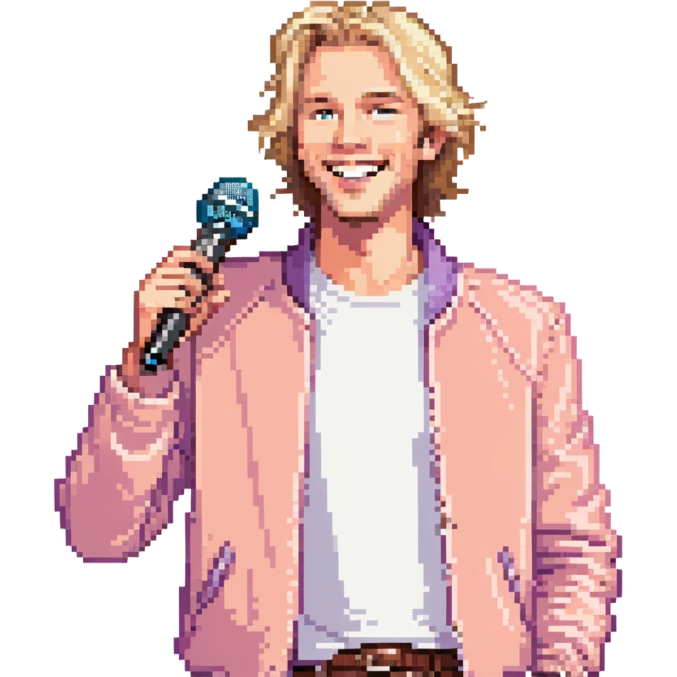 Pixel art style, expressive male performer, Caucasian features, tousled sandy blonde hair, lively eyes, wide cheerful smile, wearing a coral violet jacket over white tee, tossing a microphone in one hand, waist-up, front-facing emoji