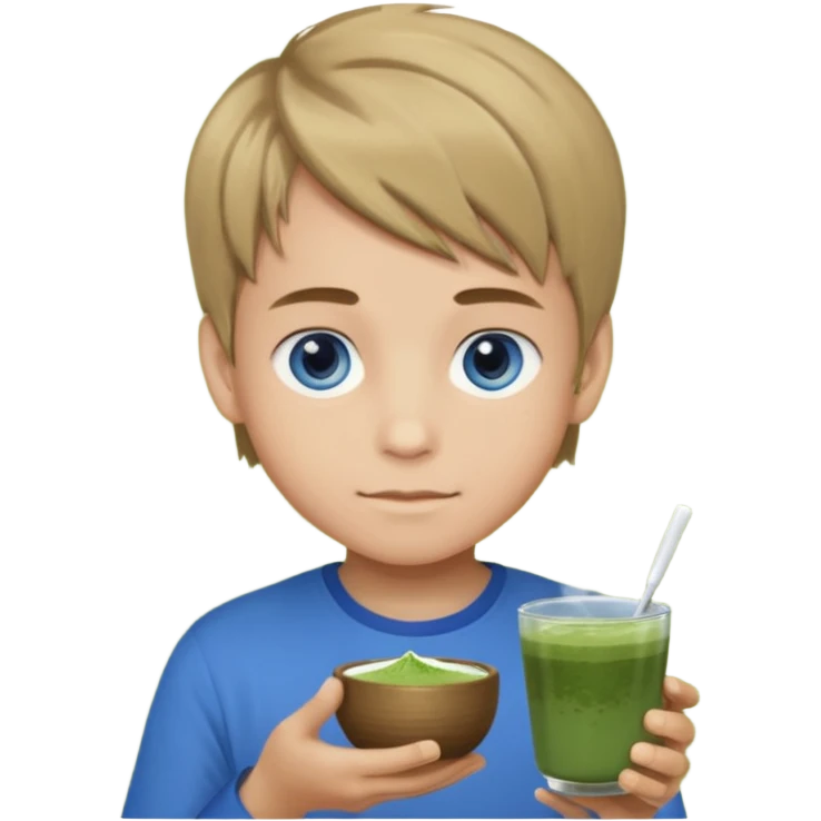 Boy who holds matcha has blue eyes and dark blonde hair emoji