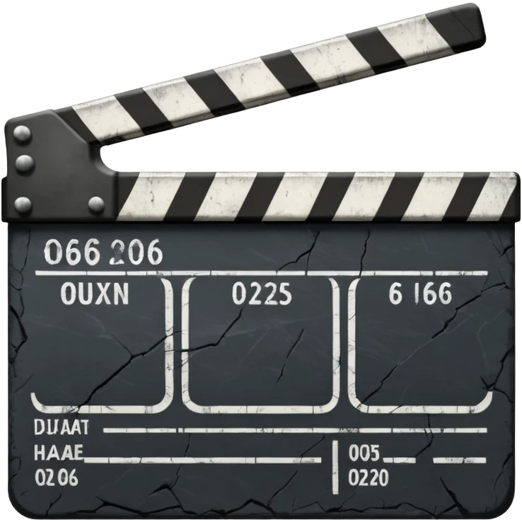 Minimalist emoji-style sticker of a cracked movie clapperboard with the date “06/06/66”, faint scorched marks, all in grayscale


 emoji