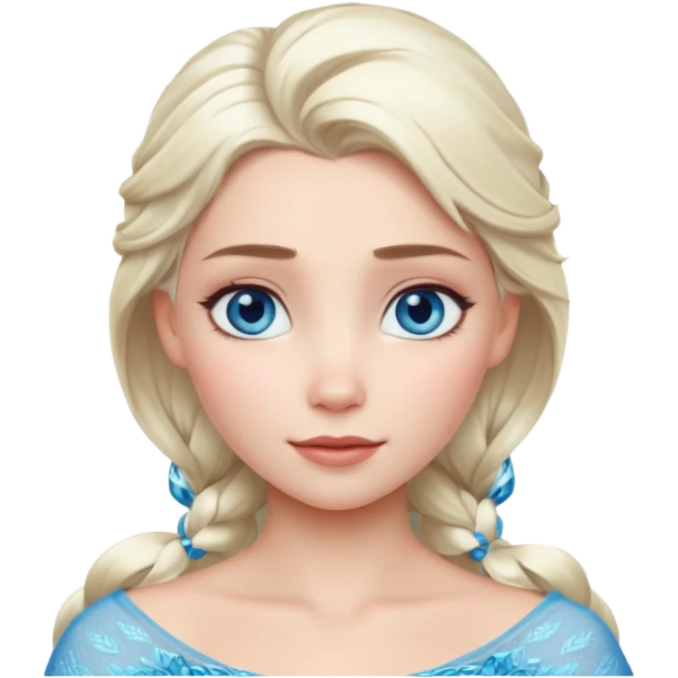 Кинематографический реалистичный портрет Эльзы с реалистичной текстурой кожи, мягким естественным освещением и изящно детализированными платиново-русыми волосами Её  выразительные голубые глаза излучают уверенность, спокойное выражение. Портрет отличается мягким чарующим сиянием с прохладной emoji