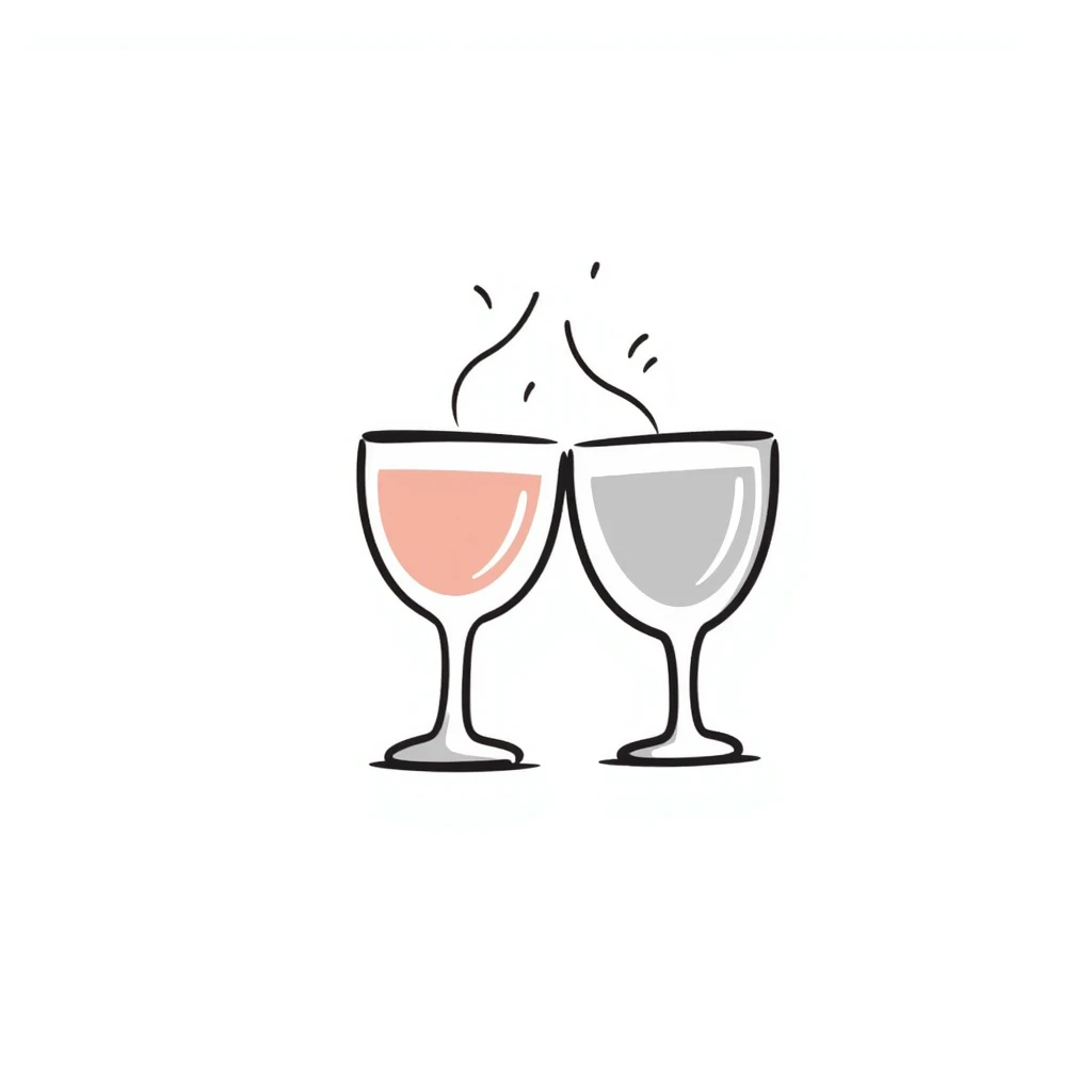 a pair of elegant goblets or wine glasses clinking together, pastel colors dd9fb0, ffc6d3, a3bfc9, c4bee2, f1b091, detailed hand-drawn doodle style emoji