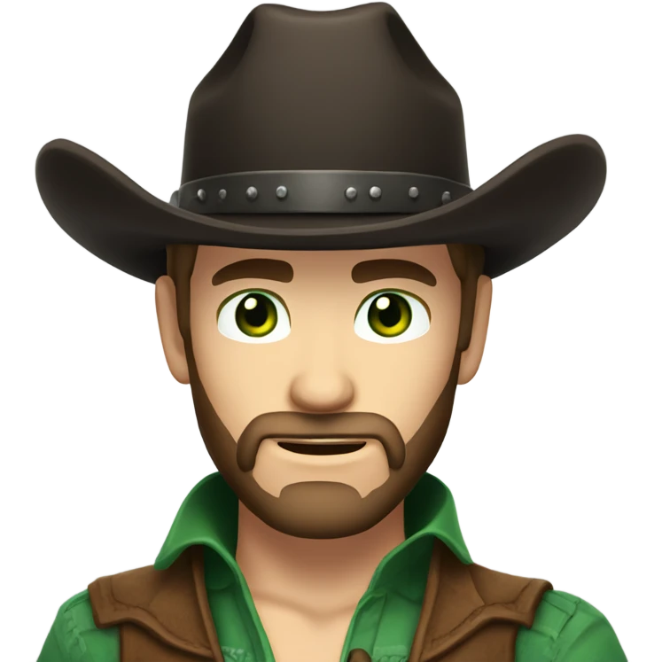 Caucasian male with green eyes, a dark brown beard dressed as a cowboy with short hair, western hat black emoji