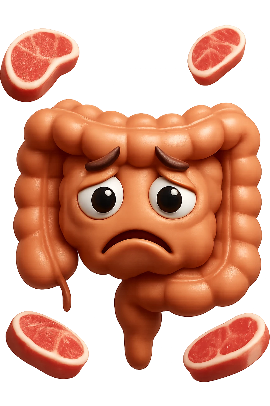emoji stile iphone in 3d di un intestino triste con fette di carne che gli fluttuano intorno, gli occhi falli con la parte bianca pure, iperrealistico 4k emoji