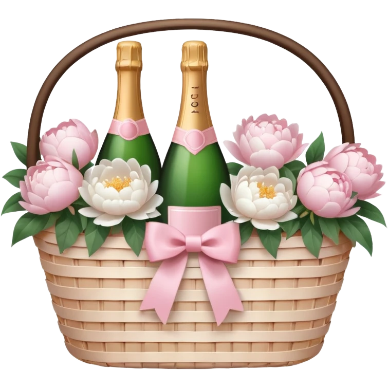 White Picnic basket with light pink bow and white peonies and a pink champage bottle inside emoji
