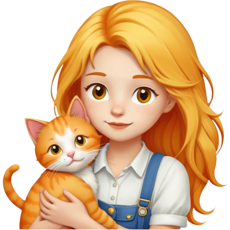 Caucasian girl - long yellow hair - white suspenders - hugging - a orange cat emoji