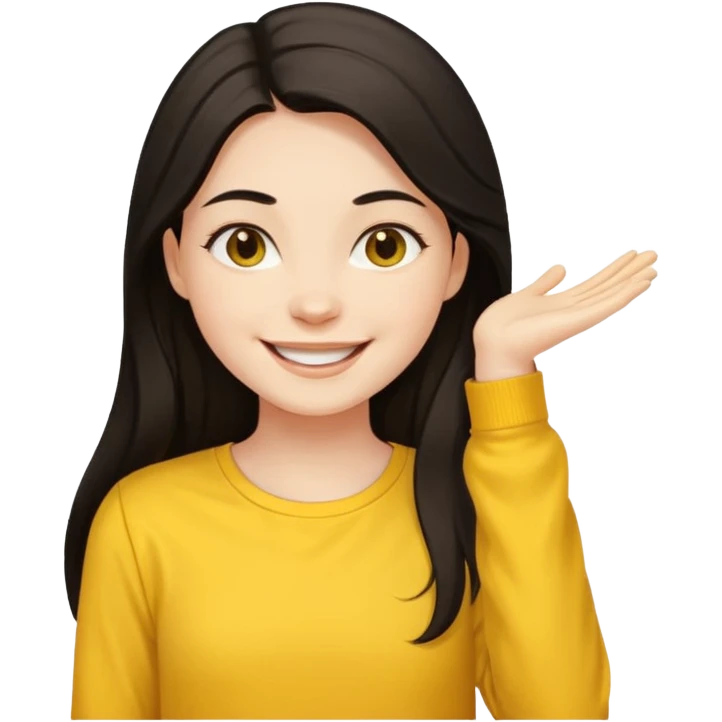 girl on her laptop, long dark hair white skin and yellow shirt long sleeves, smiling emoji