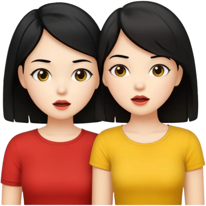 2 girls gossiping. both are fair and have black hair. One has short hair, one has long. One is wearing yellow, one is wearing red emoji