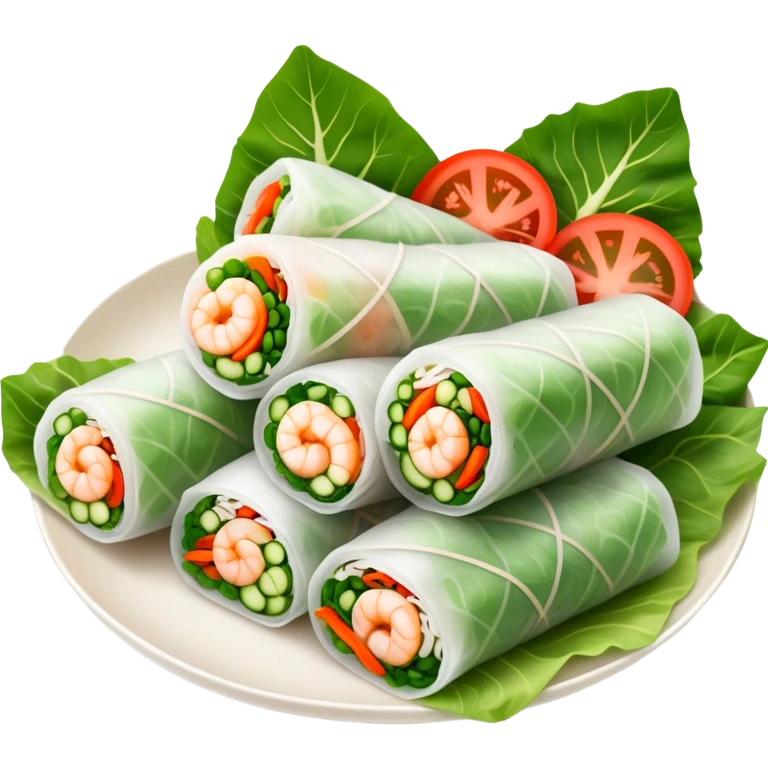 Cinematic Realistic Vietnamese Summer Rolls Dish Emoji, depicted with delicate rice paper wraps filled with fresh vegetables and shrimp rendered with crisp textures and refreshing lighting. emoji