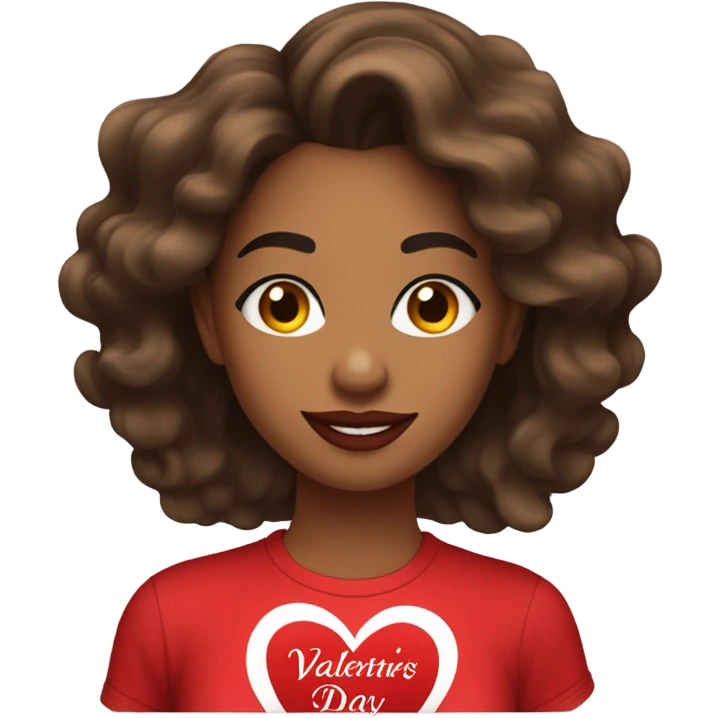 brown lady, medium brown long wavy hair, bright red lips, eyelashes, wearing red “happy Valentine’s Day” t shirt emoji