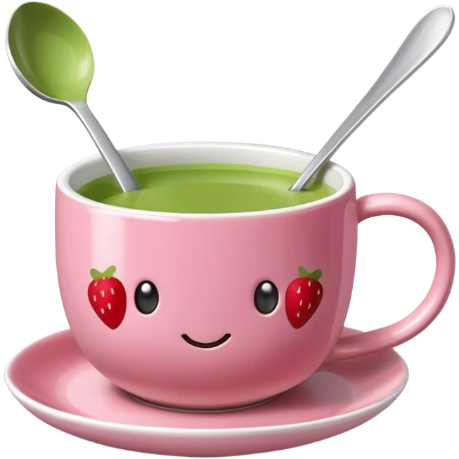 Strawberry matcha in a mug with saucer and matcha spoon on side emoji