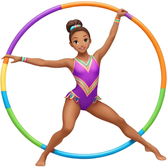 An energetic gymnast performing aerobics with a hula hoop. The gymnast is spinning the hoop around their waist in an elegant pose. The background is a lively fitness studio with colorful lights and an active atmosphere, showcasing movement and grace. emoji